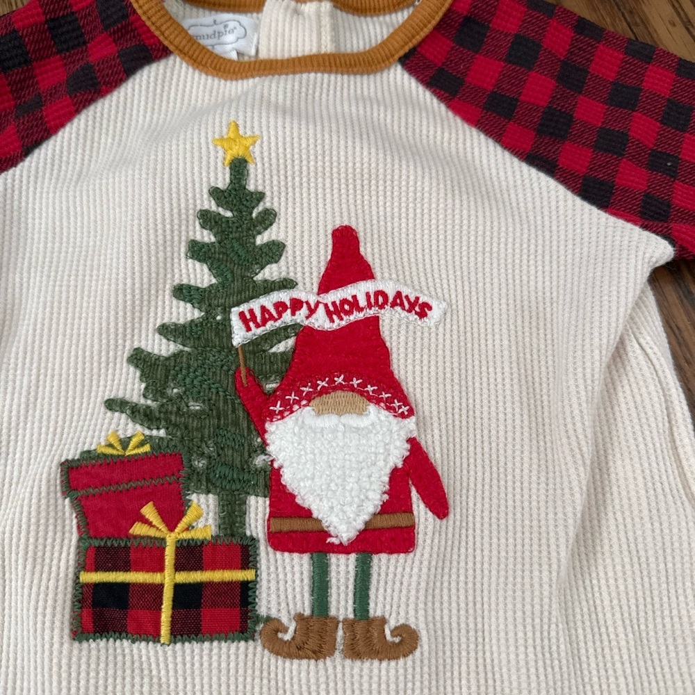 Mud Pie embroidered Christmas Holiday Gnome Footie - Cream, Red, Green